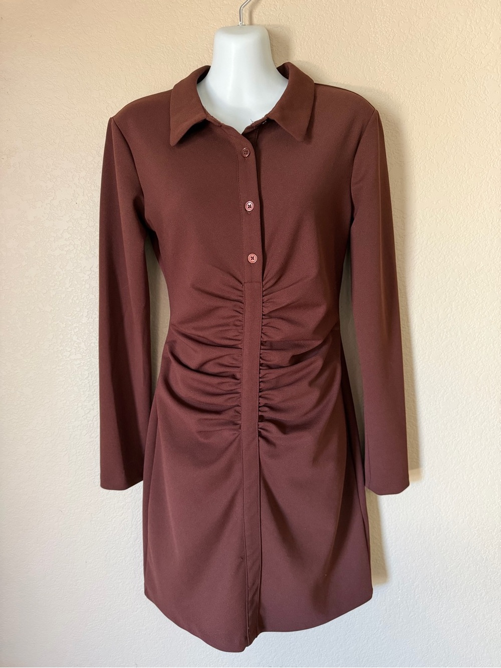 Zara Chocolate Brown Ruched Long Sleeve Collared Mini Dress Size Medium